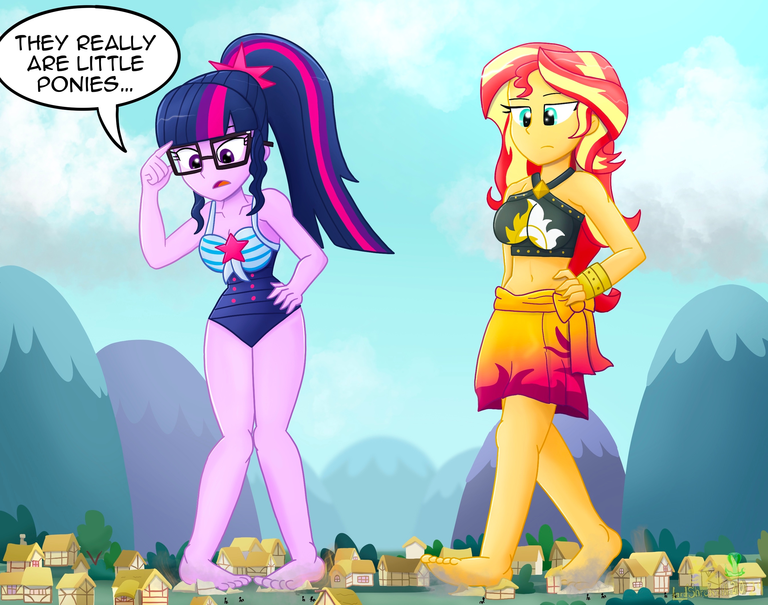 AI Art: Giantess twilight sparkle and sunset shimmer by @Caleb Tyink | PixAI