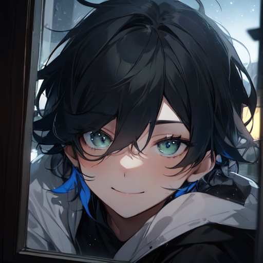 Smiling anime boy with dark hair and golden eyes