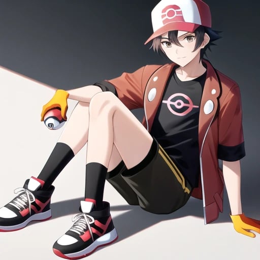 A POKéMON Trainer with a red jacket on a black T-shi