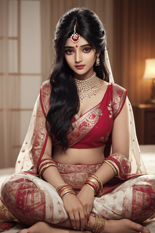 A full body portrait of a young slender woman wearing a red saree