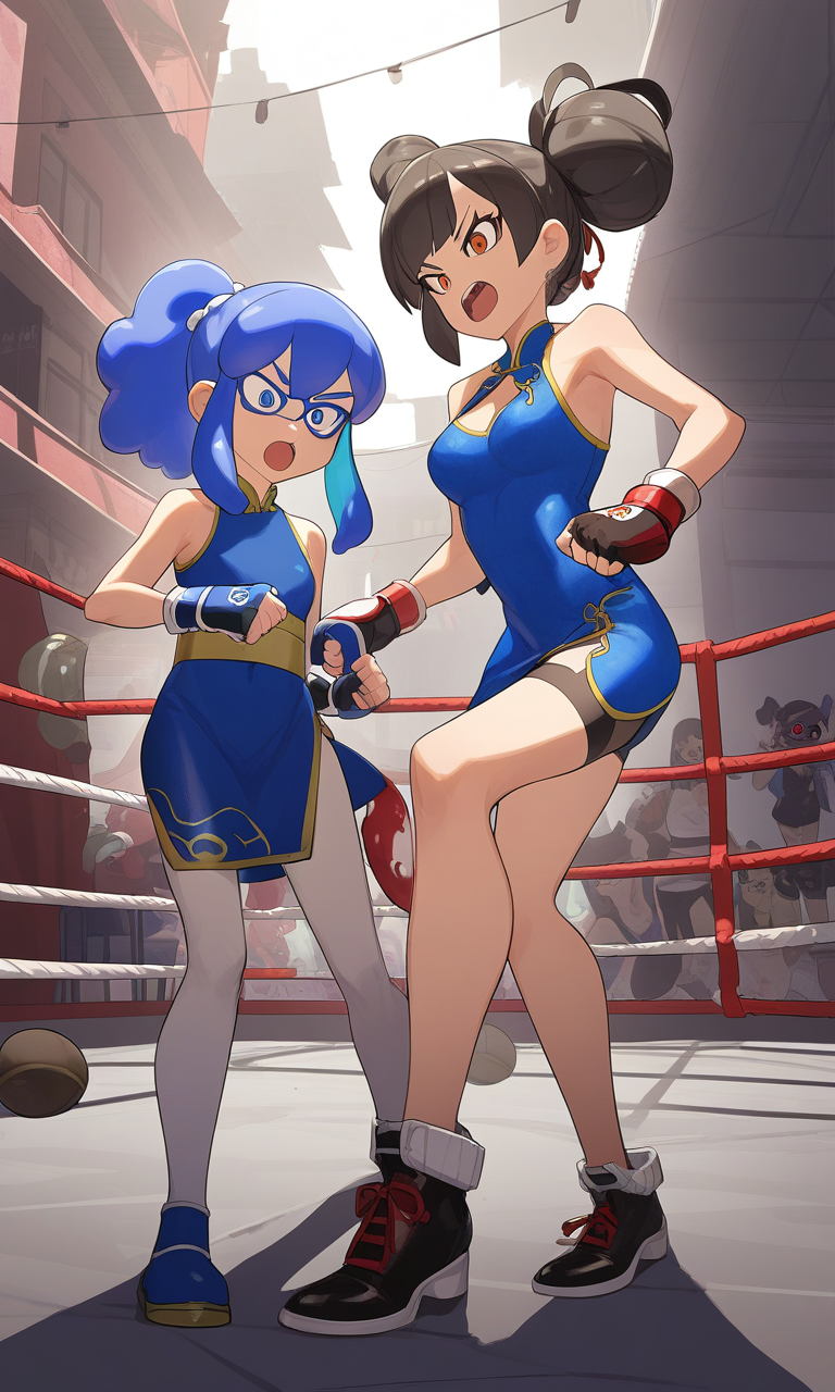 AI 아트: A Crossover Showdown: Chun-Li vs. Splatoon Girl in the Boxing Ring  작성자: @WildPirateVI | PixAI