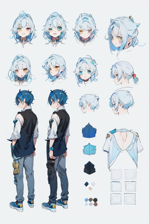 Anime style original character reference sheet, male character with light  blue and yellow hair, wearing flashy clothing