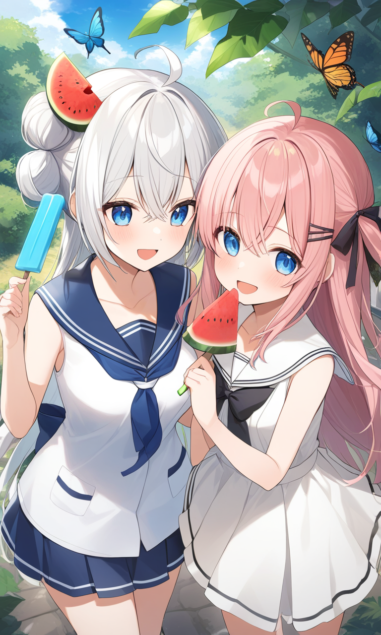 AI Art: 夏の季節にぴったりな2人の女の子が主役のイラスト by @賢いダンサーさん | PixAI