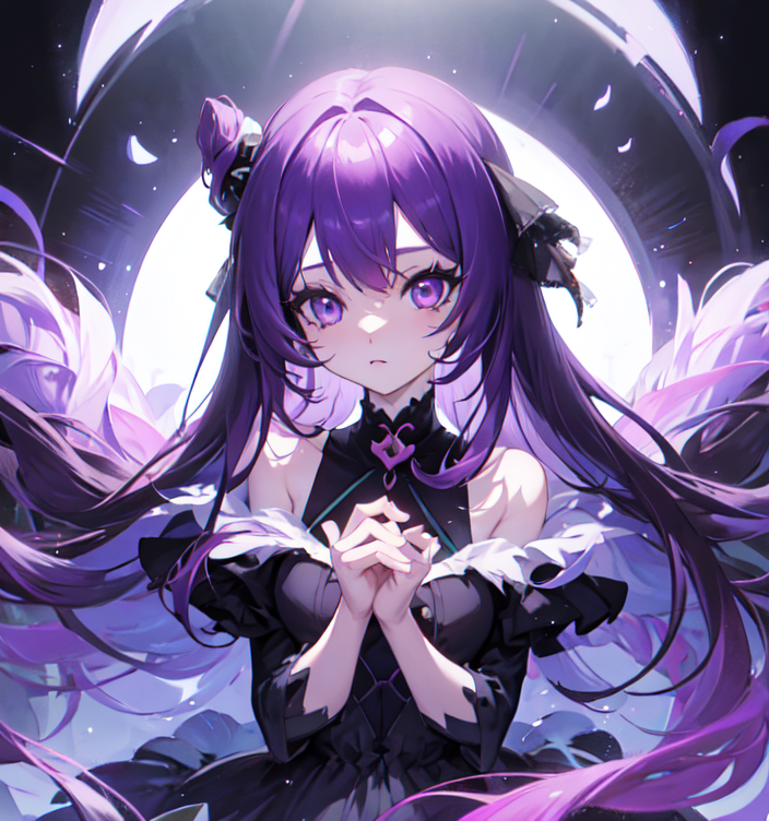Pretty anime girl with long black hair and purple ey