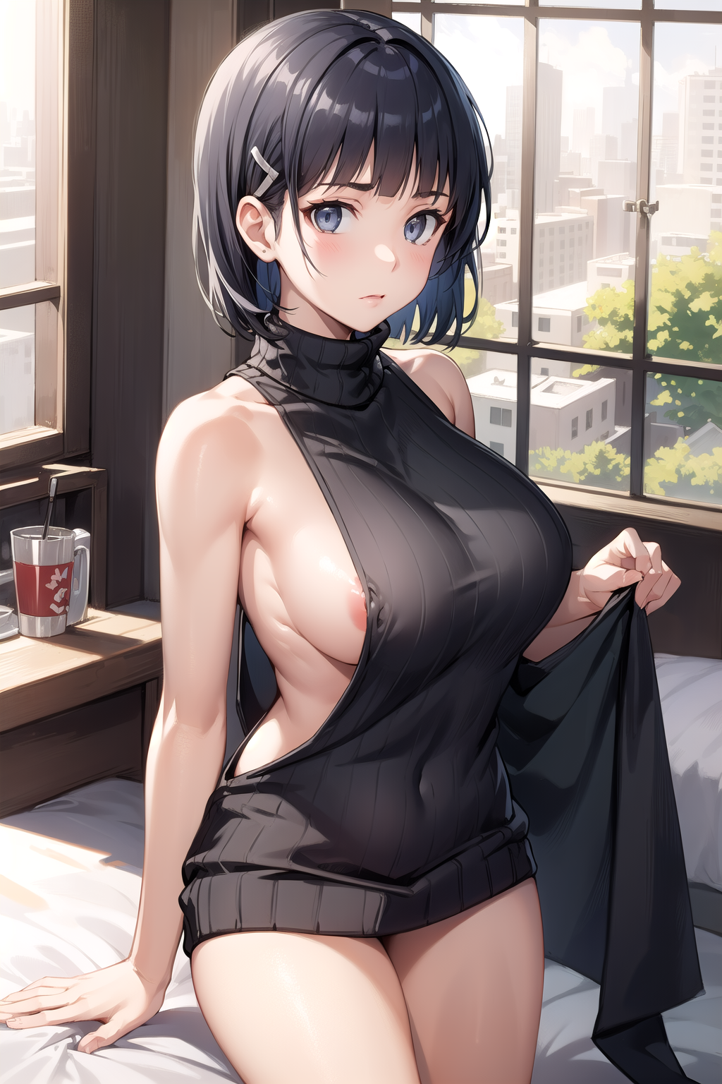 AI Art: Kirigaya Suguha in virgin killer sweater with nipple slip sitting  on the bed by @hta | PixAI