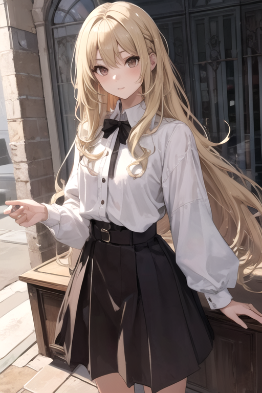 Anime style young woman, long hair, shy, wearing cute blouse and pleated  mini skirt, big brown eyes - AI Generated Artwork - NightCafe Creator