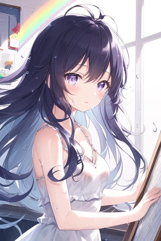 Cute anime girl with long messy black hair and blue-purple eyes, anime girl  