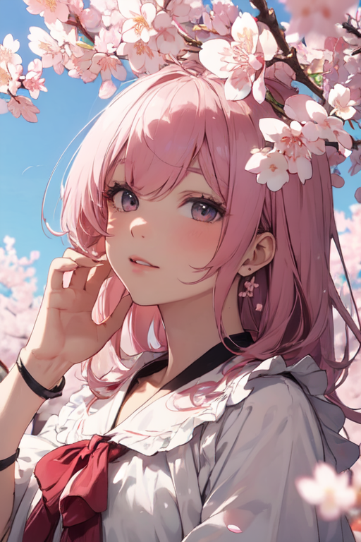 Light pink short hair anime girl surrounded by Sakura cherry blossom trees  - AI Generated Artwork - NightCafe Creator