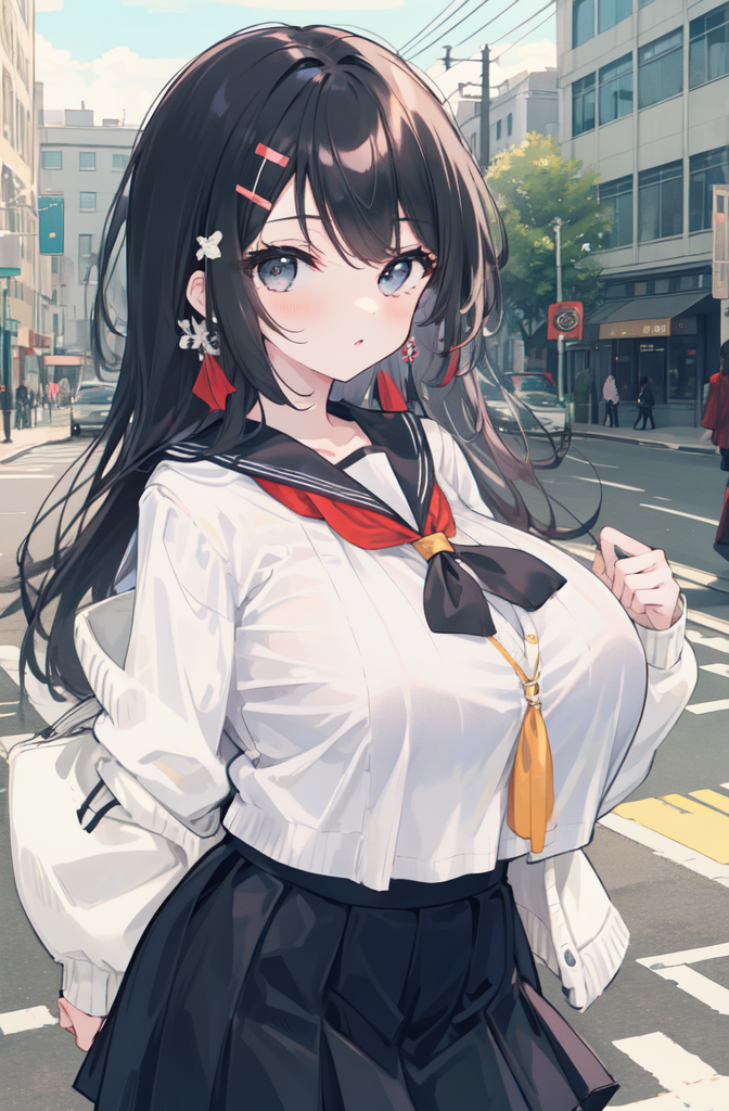 Anime style young woman, long hair, shy, wearing cute blouse and pleated  mini skirt, big brown eyes - AI Generated Artwork - NightCafe Creator