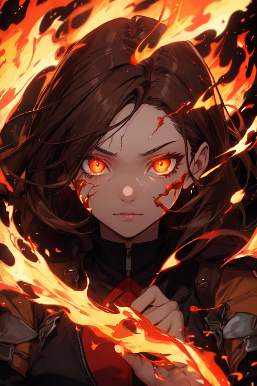 Fire force anime art style, female with short red hair and heterochromatic  black and orange eyes