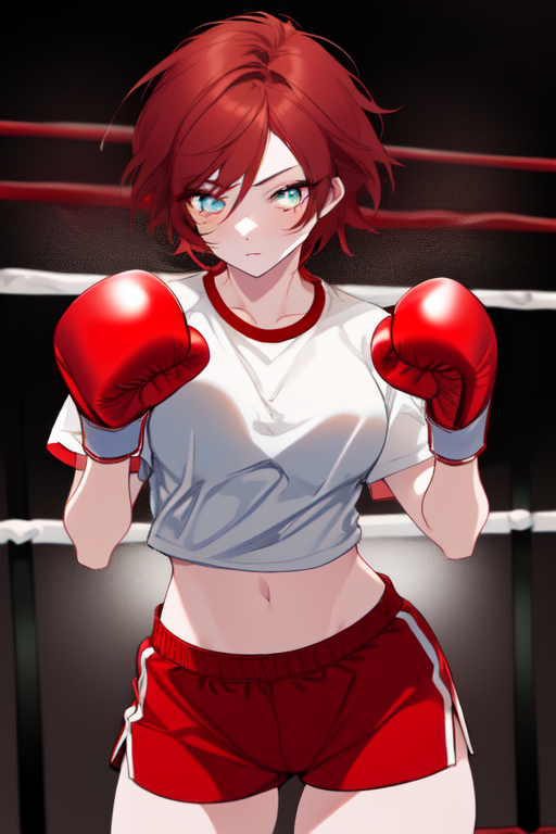 Attractive woman boxer wearing a black sports bra and red gloves