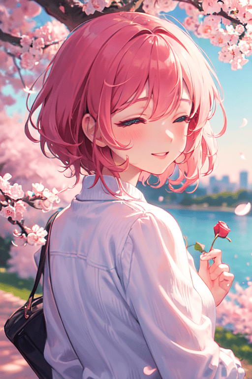 Light pink short hair anime girl surrounded by Sakura cherry blossom trees  - AI Generated Artwork - NightCafe Creator