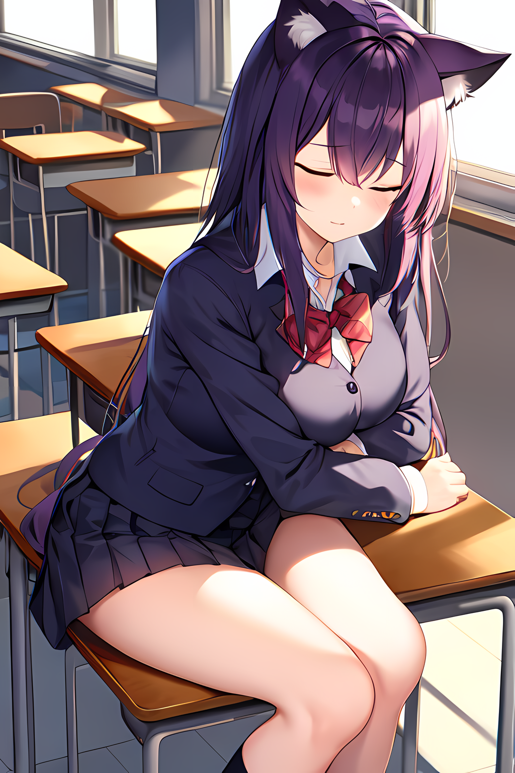 Tired anime girl sleeping on chair with head on desk