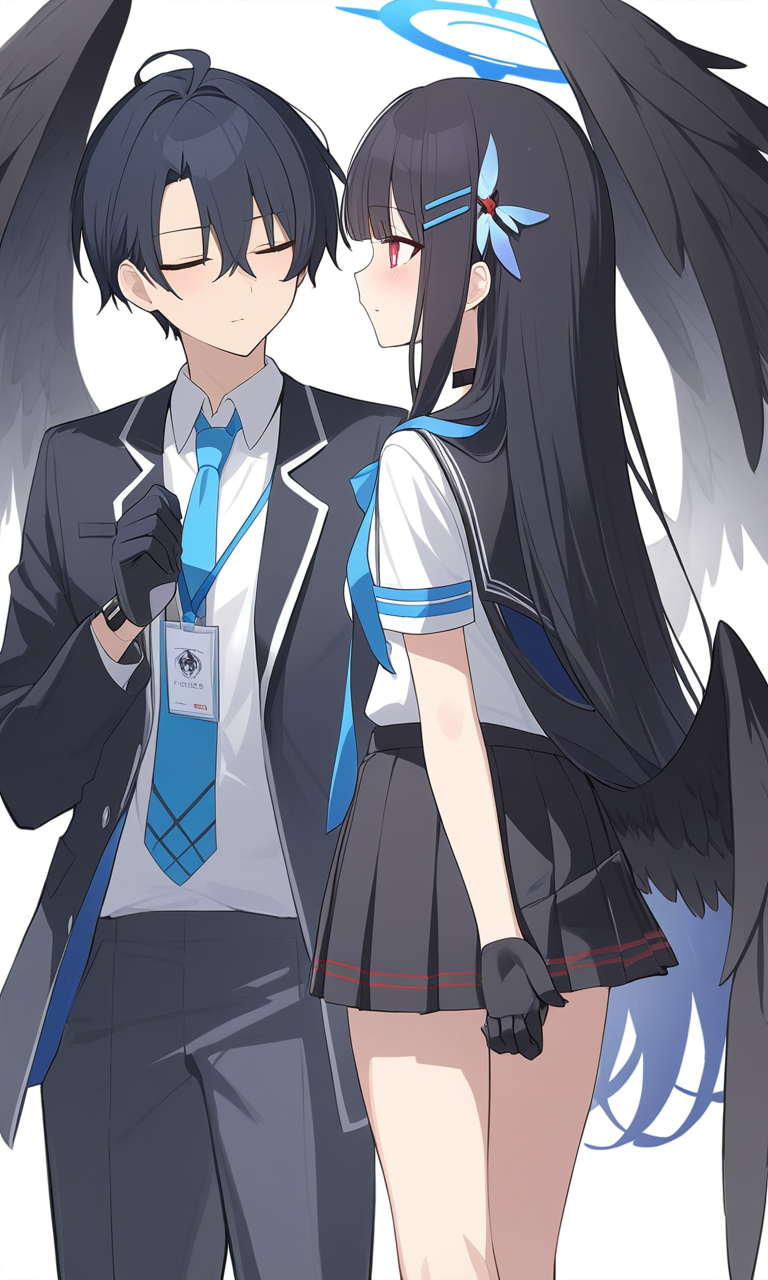 AI Art: The Mystical Duo: Ichika and Sensei in Their Winged School Uniforms  by @CleverGreenSkaterII | PixAI