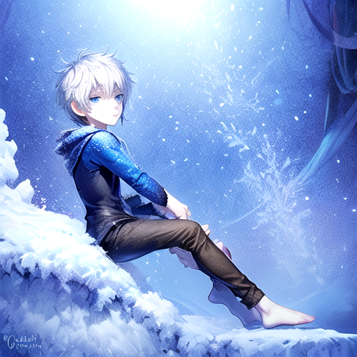 An teenage anime boy with white frosty hair, glowing blue eyes, a