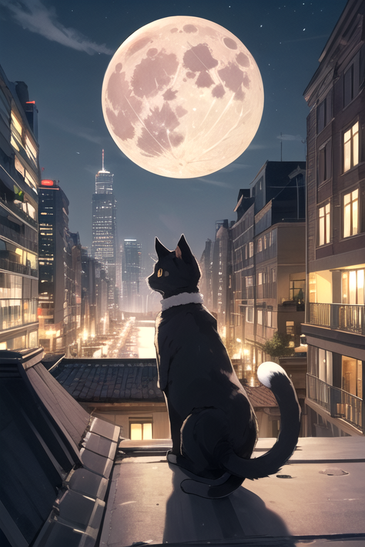 AI Art: the full moon and the cat by @anonymous-1638505884401178048 | PixAI