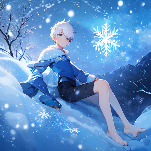 An teenage anime boy with white frosty hair, glowing blue eyes, a