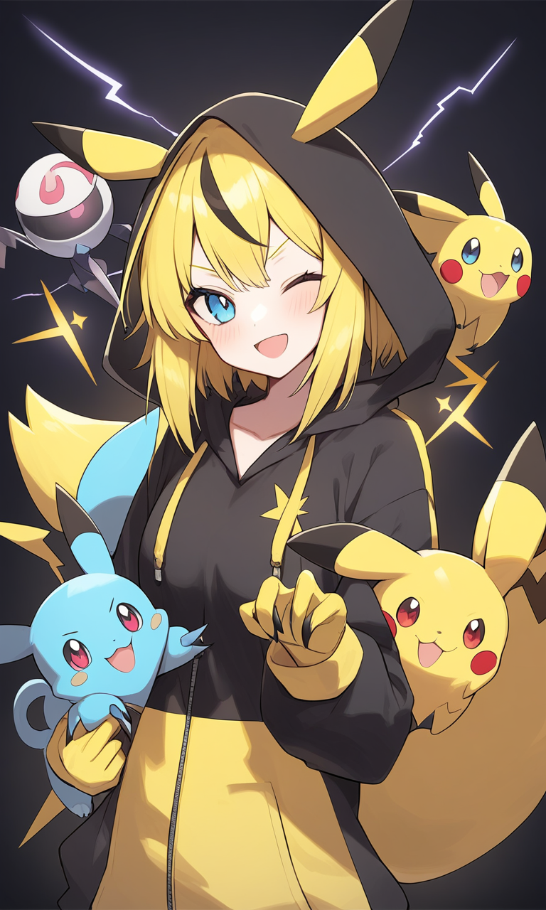 AI Art: 「ポケモン」 - ピカチュウとゼラオラのシンプルなイラスト by @楽しい魔法使いくん | PixAI