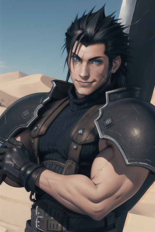 AI Art: Zack fair in the desert with muscles of steel by @Gintoki9 