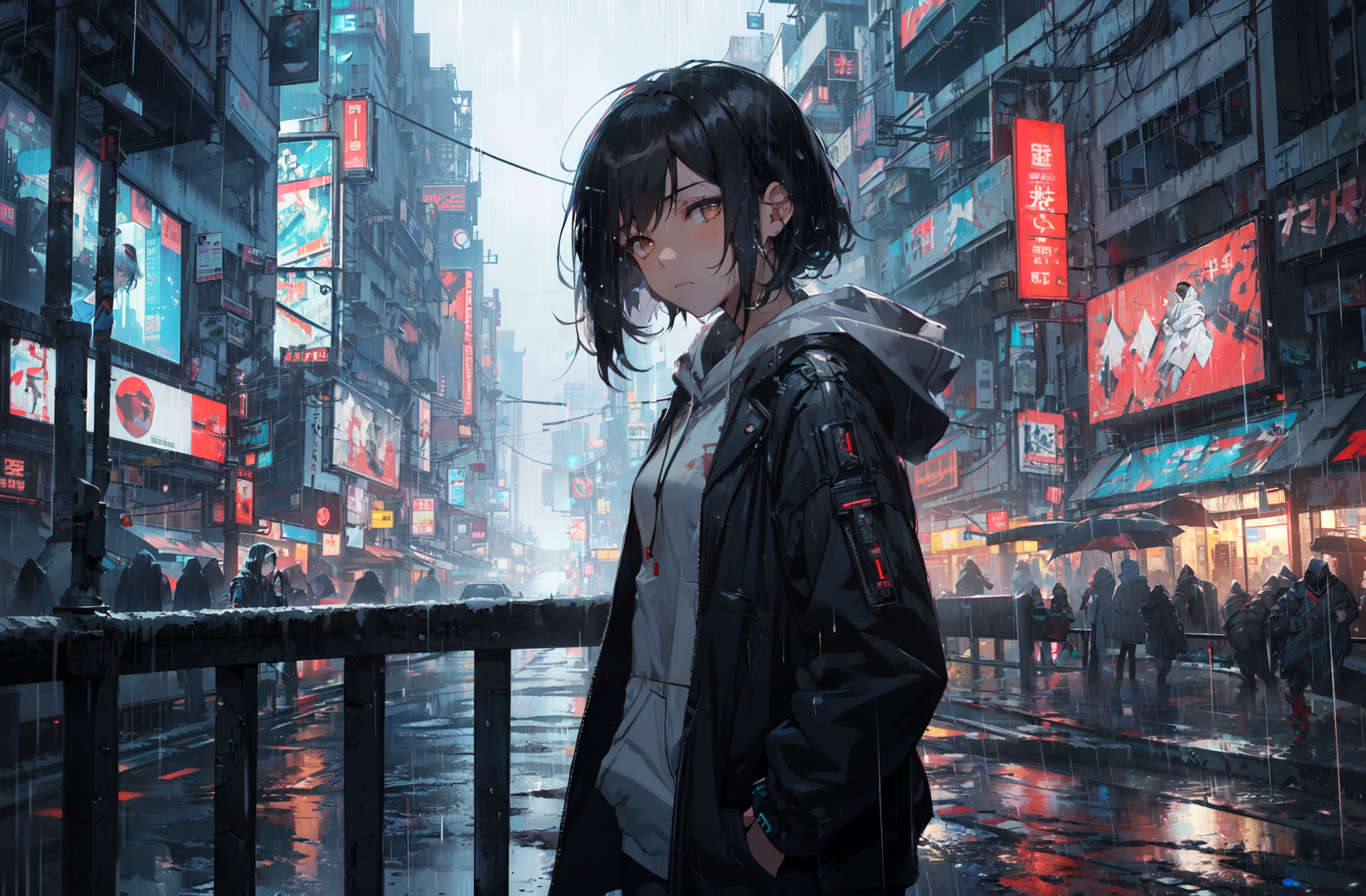 anime girl in cyberpunk city Stock Illustration