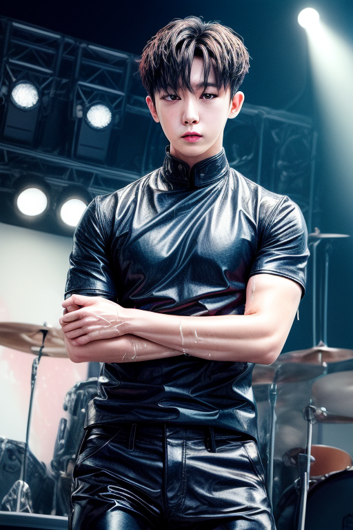 AI Art 1boy muscular blue shirt black leather pants wet clothes stage stage lights idol clothes wonho by Artne PixAI