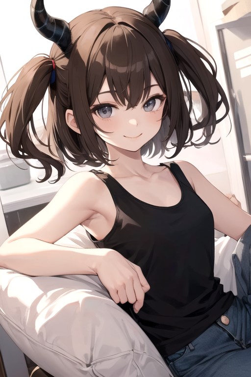 Brown hair, blue tank top and shorts, muscular anime