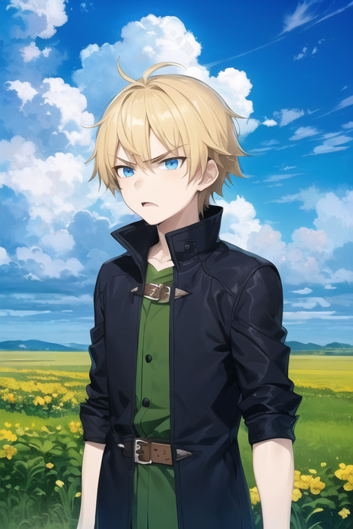 AI Art: blonde confident, cool, red eyed anime boy by @Kouie