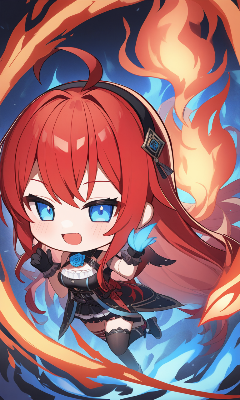 AI Art: Elizabeth Rose Bloodflame: The Chibi Virtual YouTuber with Red Hot  Hair and Blue Fire Gloves by @LoudPainterVII | PixAI