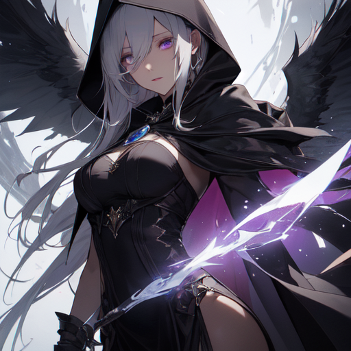 Anime girl with long dark blue hair and purple eyes and black wings wearing  all black