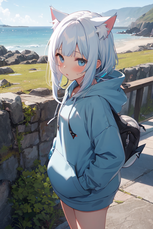 Anime girl in shop blue hoodie