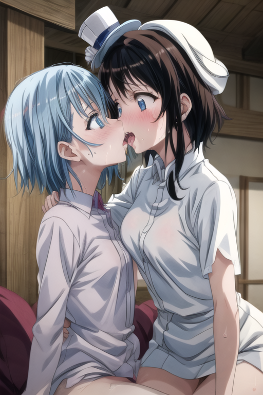 lesbians, closed eyes, two women, anime, anime girls, kissing, yuri, maid