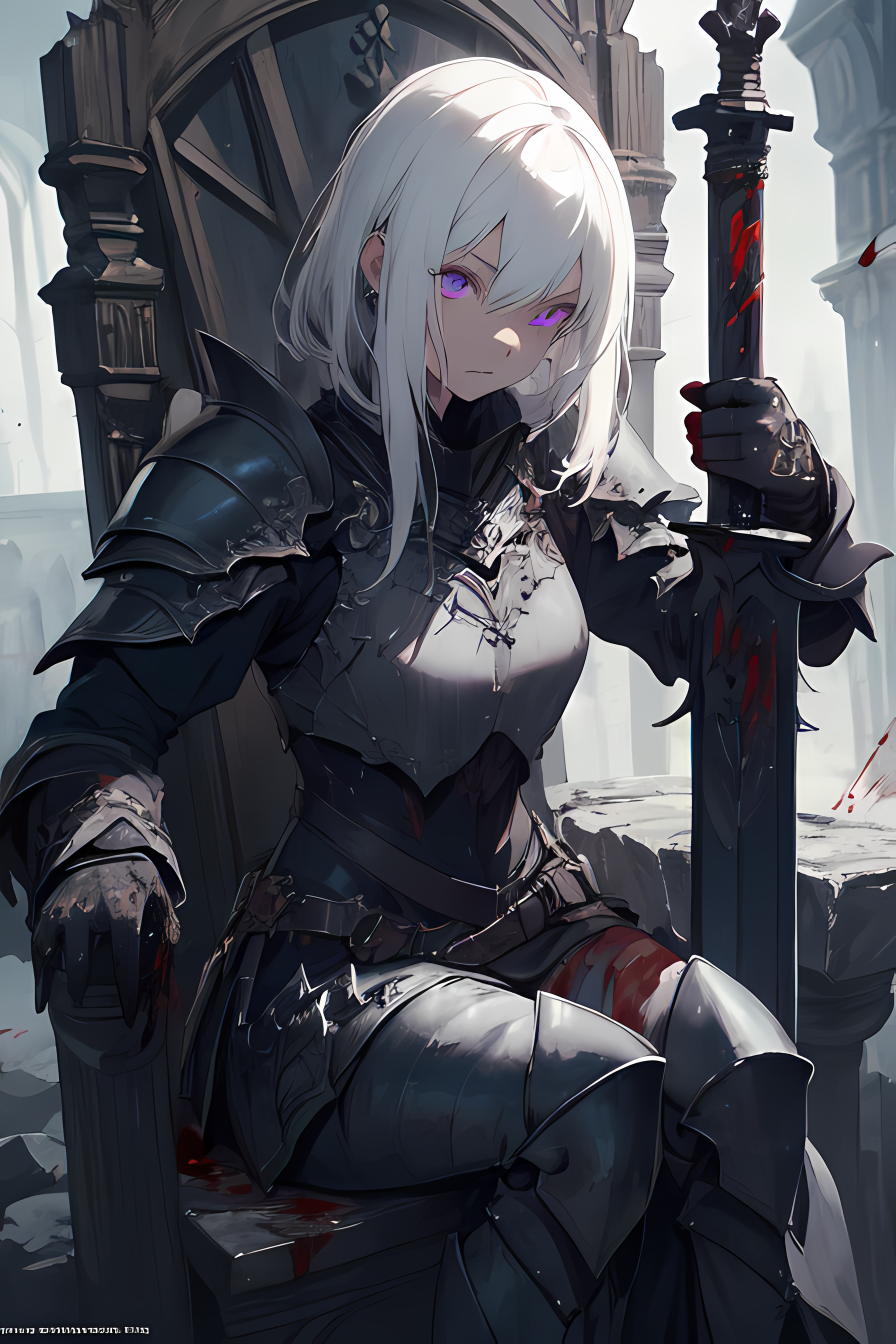 Black-haired female anime character sitting beside sword