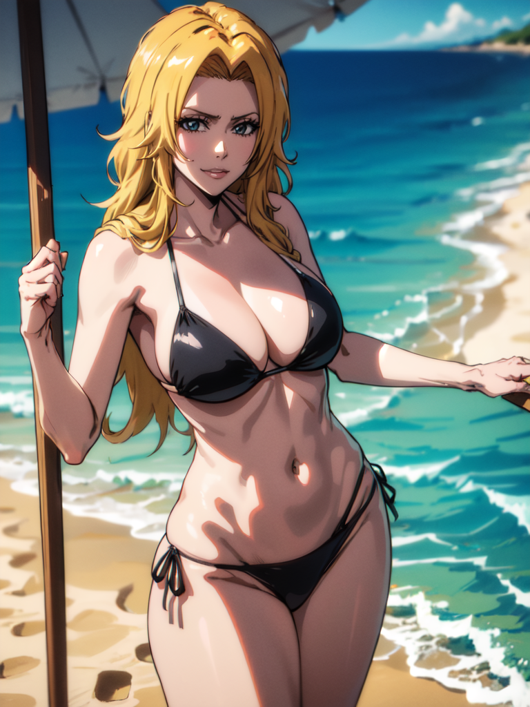 AI Art: Rangiku Matsumoto - Blonde, Blue eyed, Black Bikini, Bombshell Babe  at the Beach from Bleach by @Tinkinator | PixAI