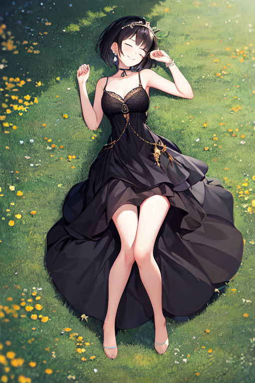 Anime girl, with black dress, long black hair and a silver crown