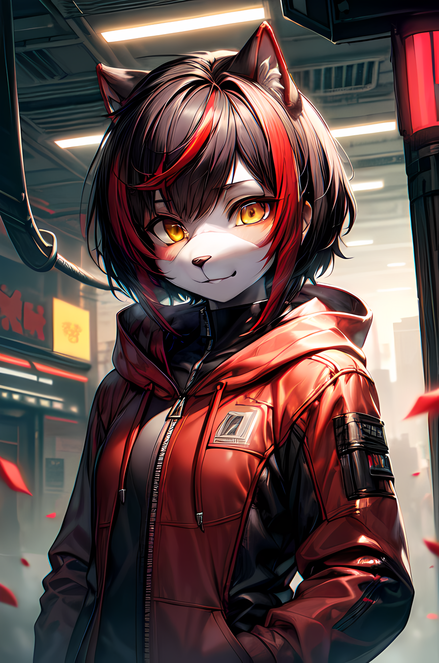 Cyberpunk anime character with red hair and cat ears