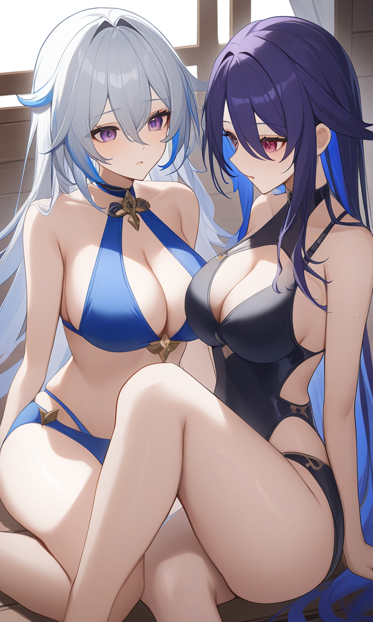 AI Art: 2 girls - Ass Bare Arms Bare Back Bare Shoulders Bikini Blue Bikini  Blue Hair Breasts Cleavage Large Breasts Long Hair Multicolored Hair  Multiple Girls One-Piece Swimsuit Parted Lips Purple