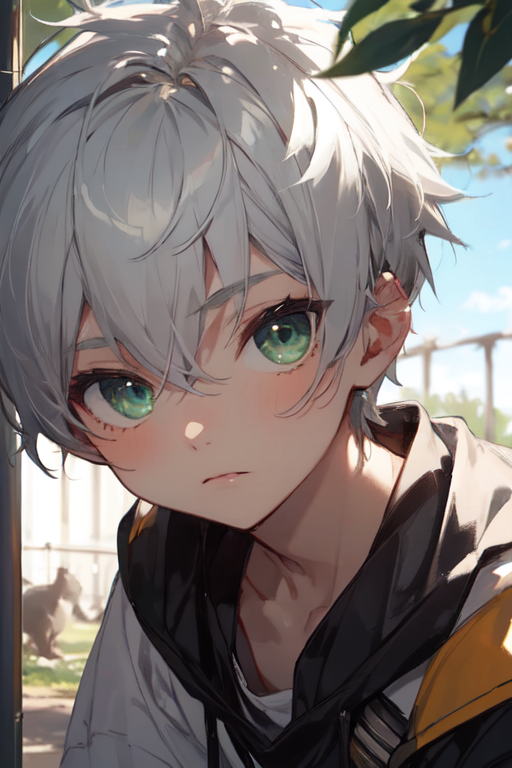 anime boy with white hair and green eyes