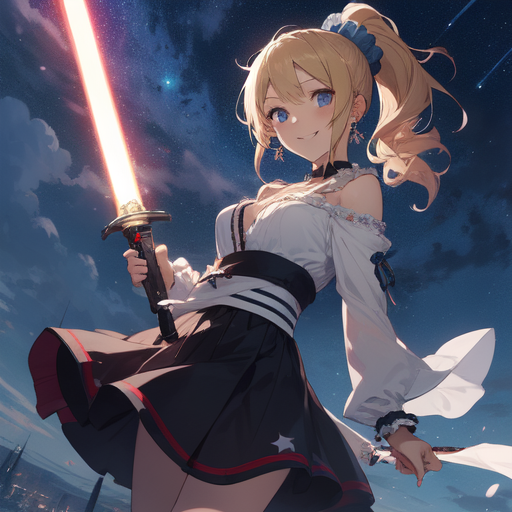 Premium AI Image  A girl with a sword in her hair and a blue sash with the  words  the name of the anime  on it.