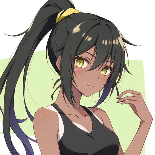 tubby-goshawk85: A girl with long black hair in a high ponytail with  mustard-brown skin and gold eyes anime style. 2D