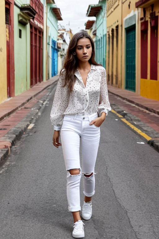 Petite Young Woman with Very Long Hair Wear Heels and White Pants