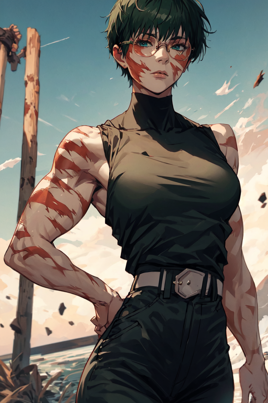 1girl muscular female muscular breasts solo scar short hair illustration  images