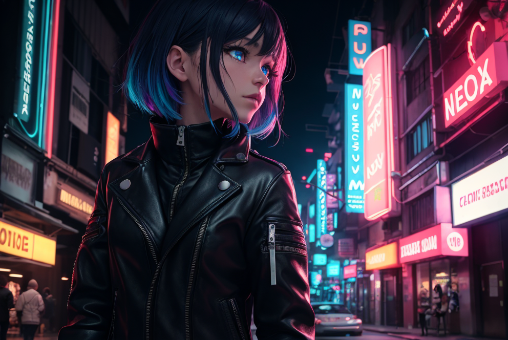 looking at viewer, anime, anime girls, leather tights, cyberpunk, portrait  display, AI art