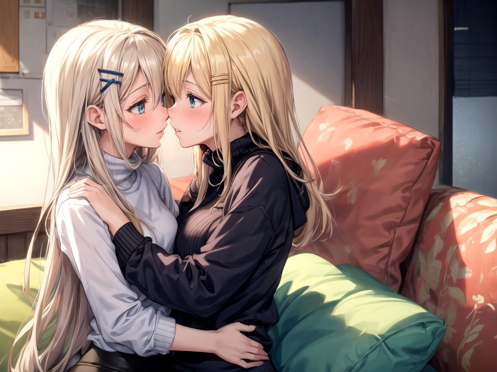 AI Art: Lesbians kissing on a couch at sunset by @Isenlia | PixAI