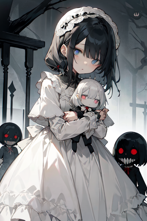 creepy girl with black hair and doll