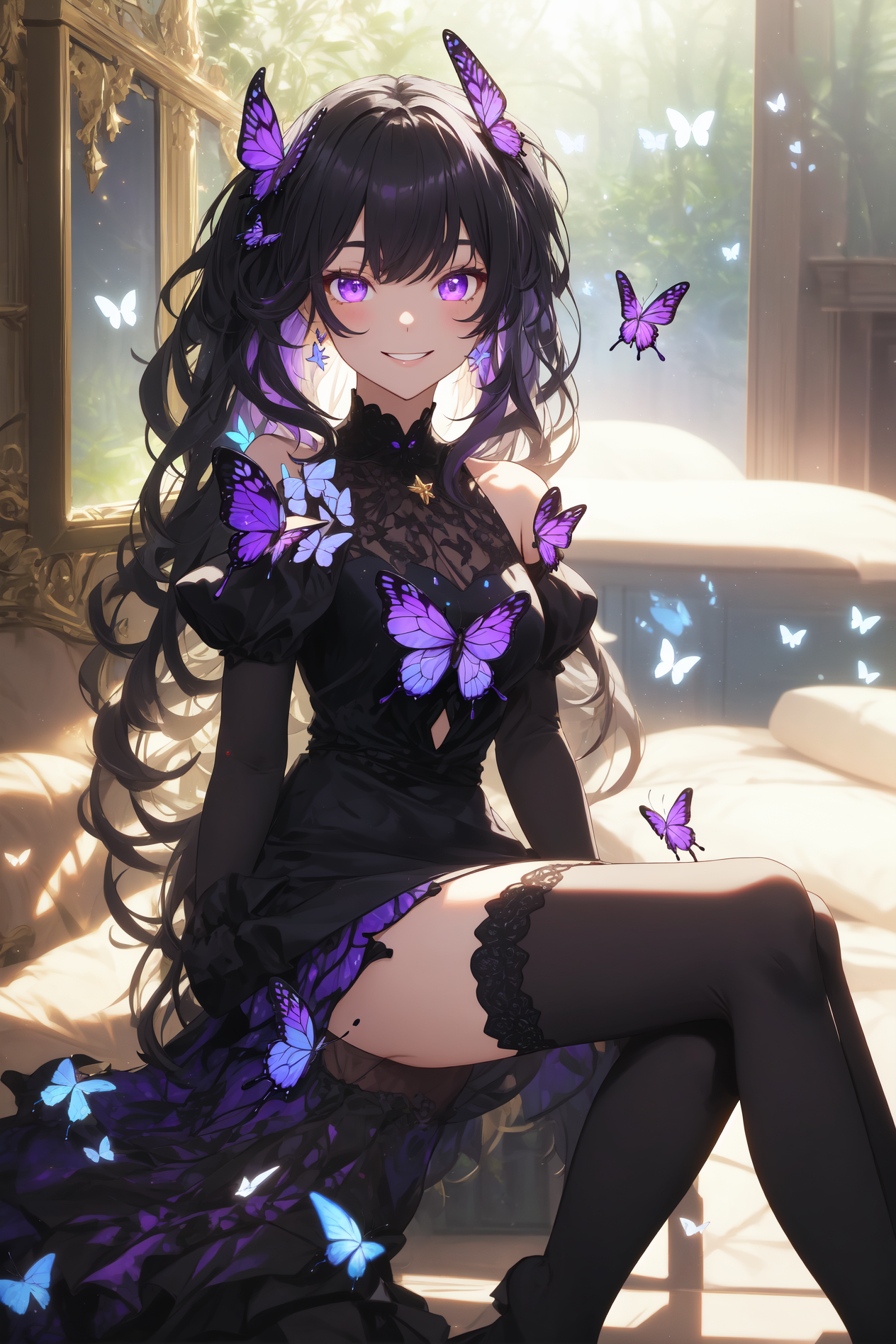 Premium AI Image  A black and white anime girl with purple eyes