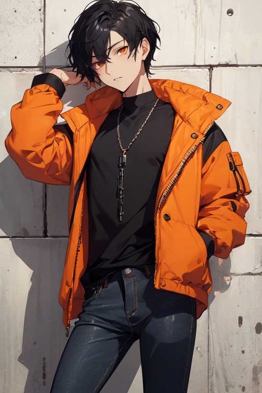 Black and orange hair anime boy with orange sweatshirt icon