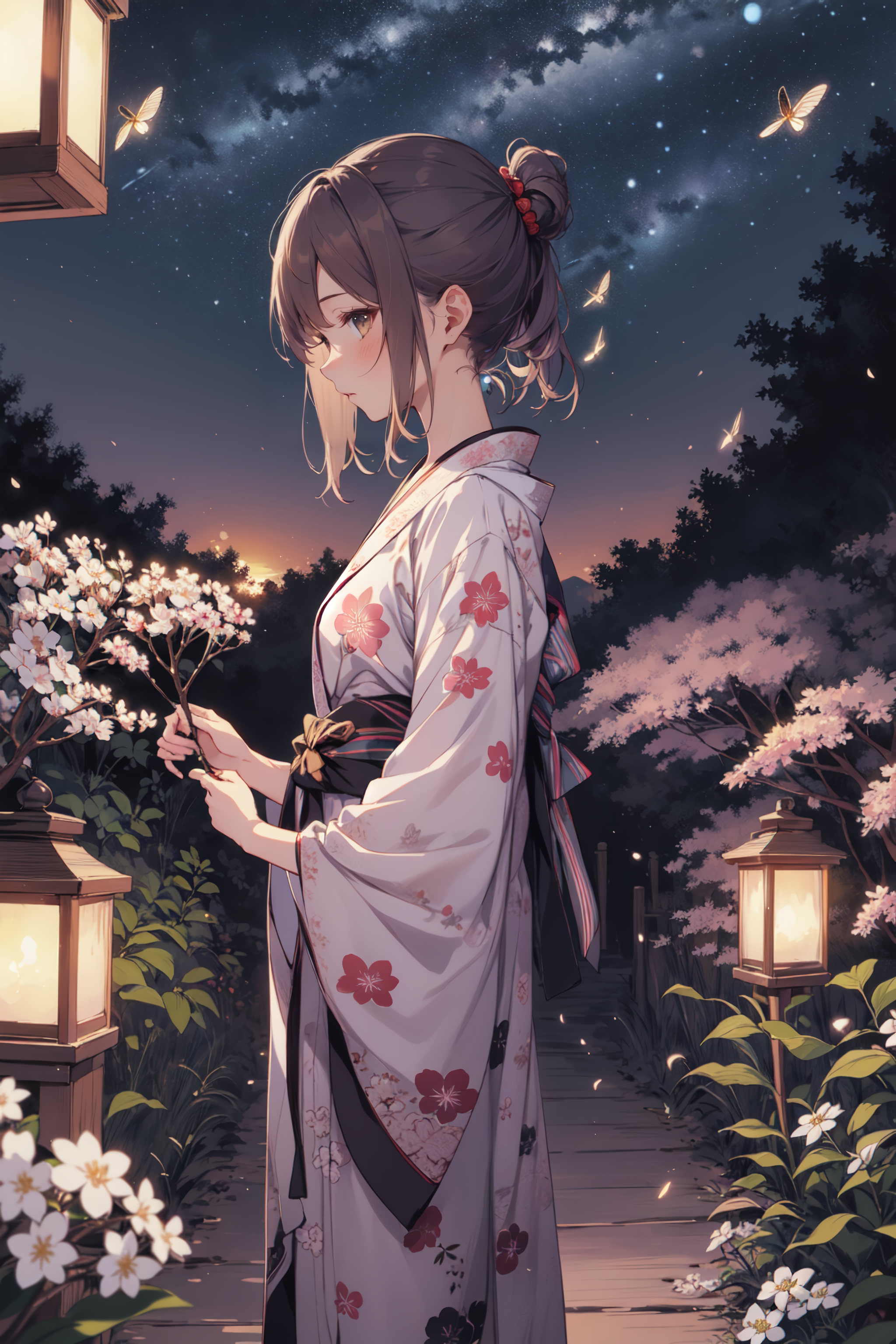 Speed Drawing Anime Girl in Kimono with Fireflies At Night