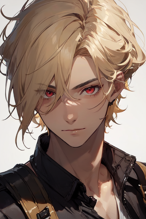 AI Art: blonde confident, cool, red eyed anime boy by @Kouie