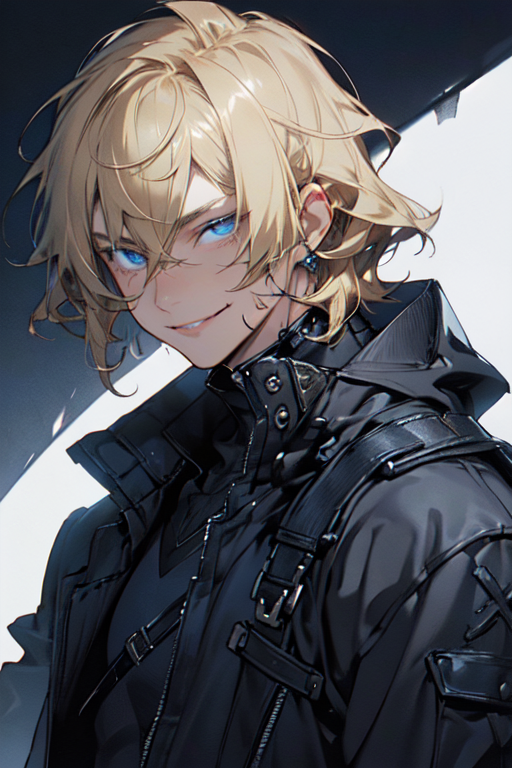 Blonde wavy hair, blue eyes, anime guy