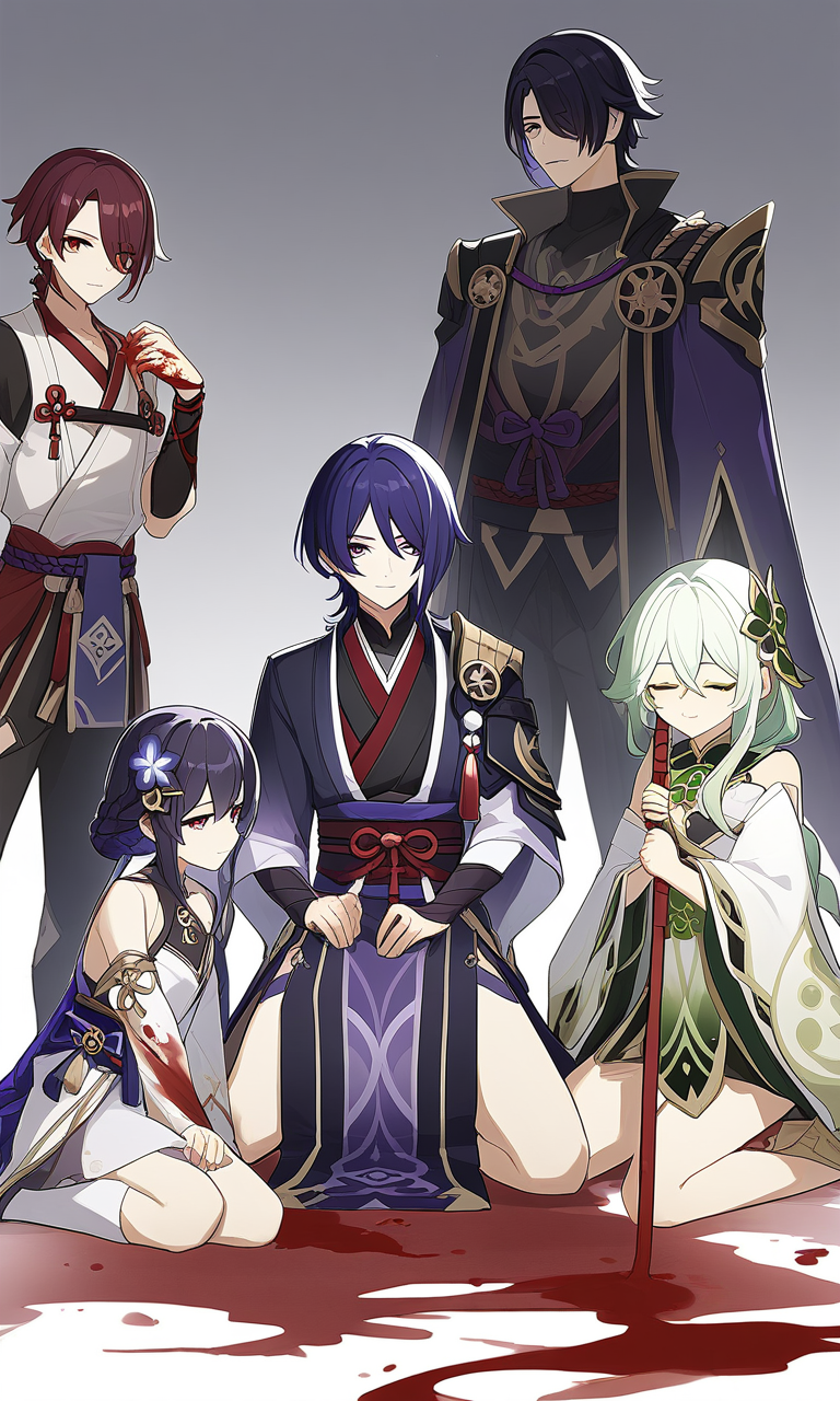 AI 아트: The Enigmatic Gathering: Ayato, Heizou, Scaramouche, Wanderer, and  Yae Miko 작성자: @BrightBearPainterII | PixAI